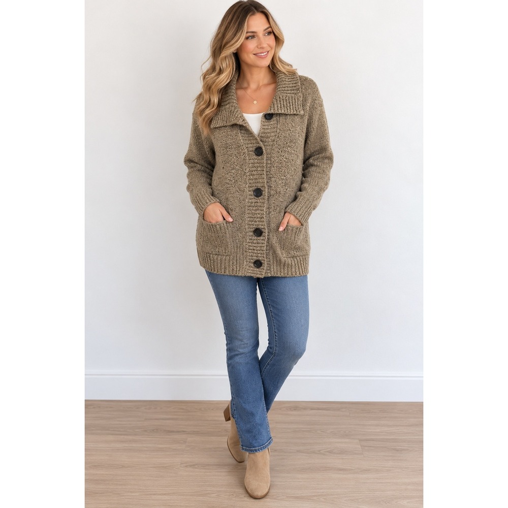 Karen Scott Cardigan Women M Grandmacore Marled Knit Button Front Collared Brown